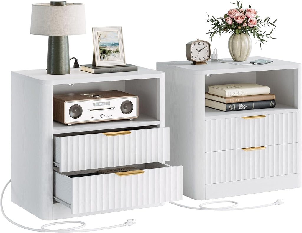 IRONCK Fluted Night Stand Set of 2, Modern Nightstand with Charging Station, Drawers and Open Shelves - Bedside Table Wood Side Table Set for Bedroom, White