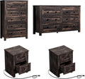 LUXOAK Farmhouse Bedroom Furniture 4 Pieces, 1 X Wood Rustic 6 Drawer Storage Dresser, 1 X 5 Drawer Dresser, Nightstand Set of 2 with Charging Station, Farmhouse Bedroom Set, Black