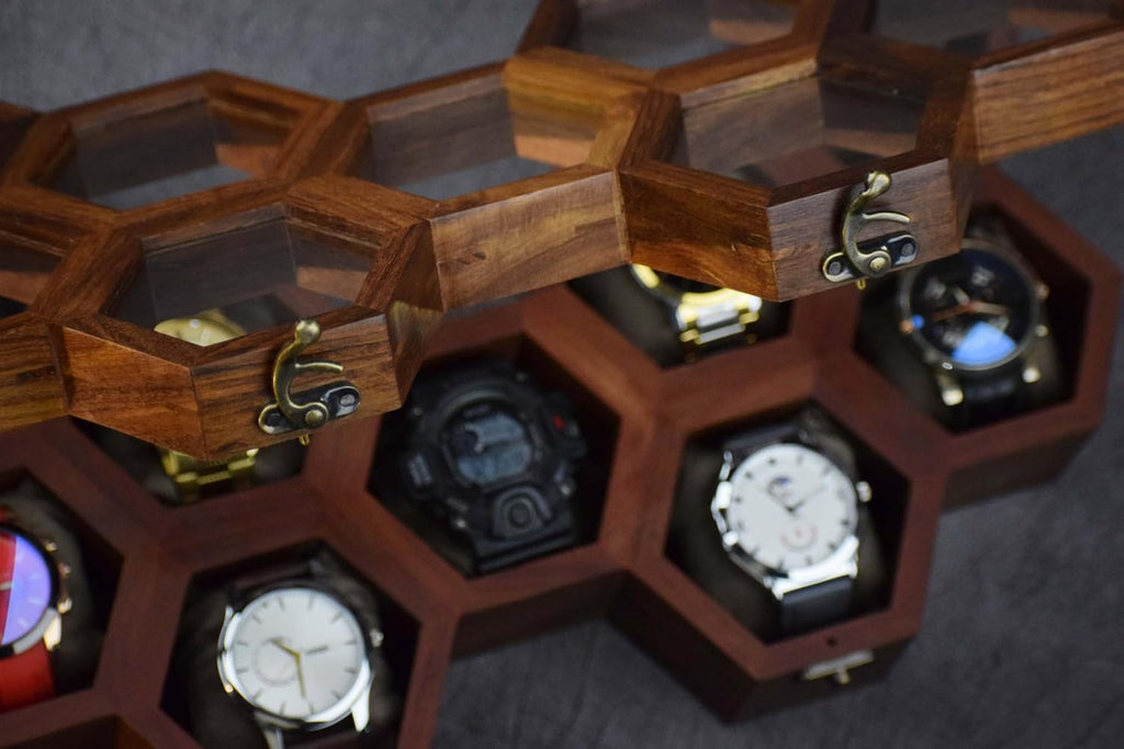 Extra Large Superior Rosewood Honeycomb Watch Box Display Case Holder Collector Organizer for Men, Vintage Watch Storage Box to Store and Keep your Watches Safe and Sophisticated (nine storage)