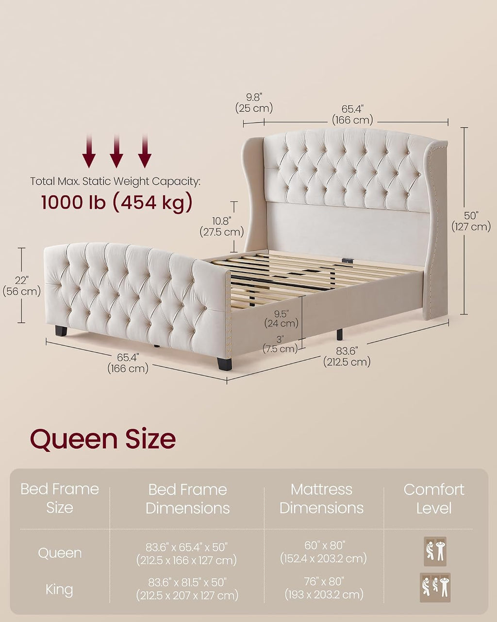 VASAGLE Queen Bed Frame with Tall Headboard, Upholstered Platform Bed Frame Queen Size, with Wingback Tufted Headboard and Footboard, Wooden Slats, No Box Spring Needed, Cappuccino Beige URMB881W01