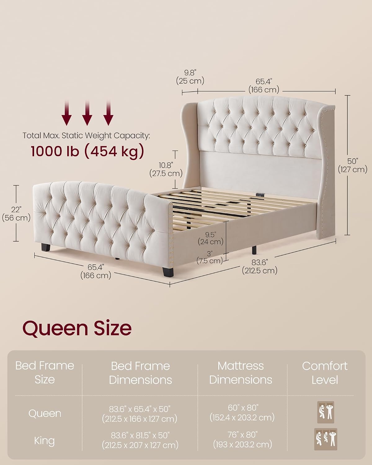VASAGLE Queen Bed Frame with Tall Headboard, Upholstered Platform Bed Frame Queen Size, with Wingback Tufted Headboard and Footboard, Wooden Slats, No Box Spring Needed, Cappuccino Beige URMB881W01