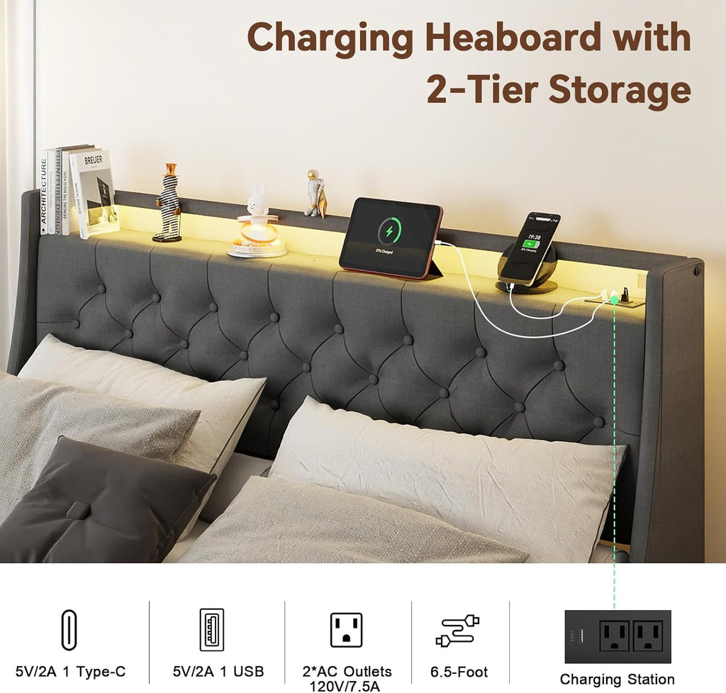 Queen Size Bed Frame with 4 Storage Drawers and LED Lights, Queen Bed Frame with Upholstered Headboard and Charging Station, Steel Slat Support, No Box Spring Needed, Noise-Free, Easy Assembly, Gray