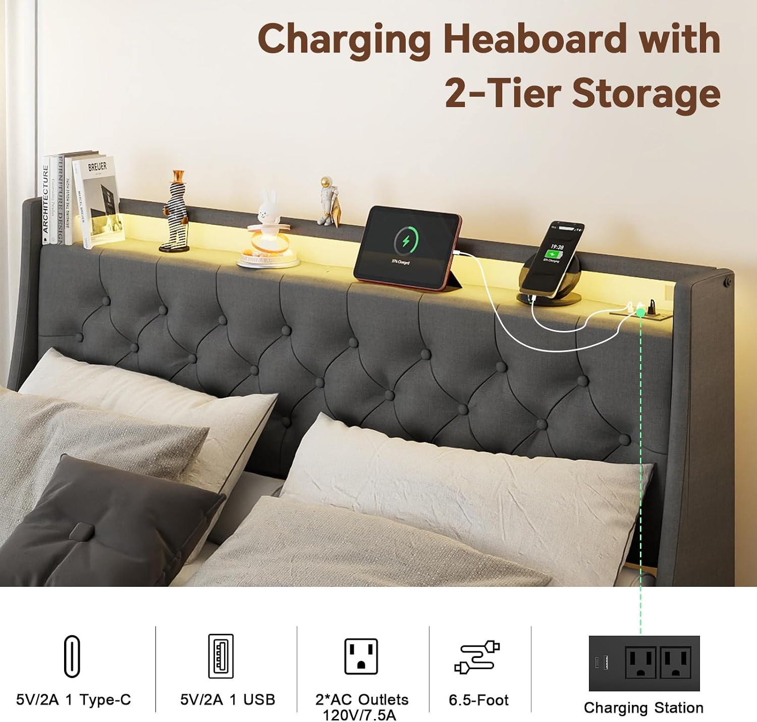 Queen Size Bed Frame with 4 Storage Drawers and LED Lights, Queen Bed Frame with Upholstered Headboard and Charging Station, Steel Slat Support, No Box Spring Needed, Noise-Free, Easy Assembly, Gray