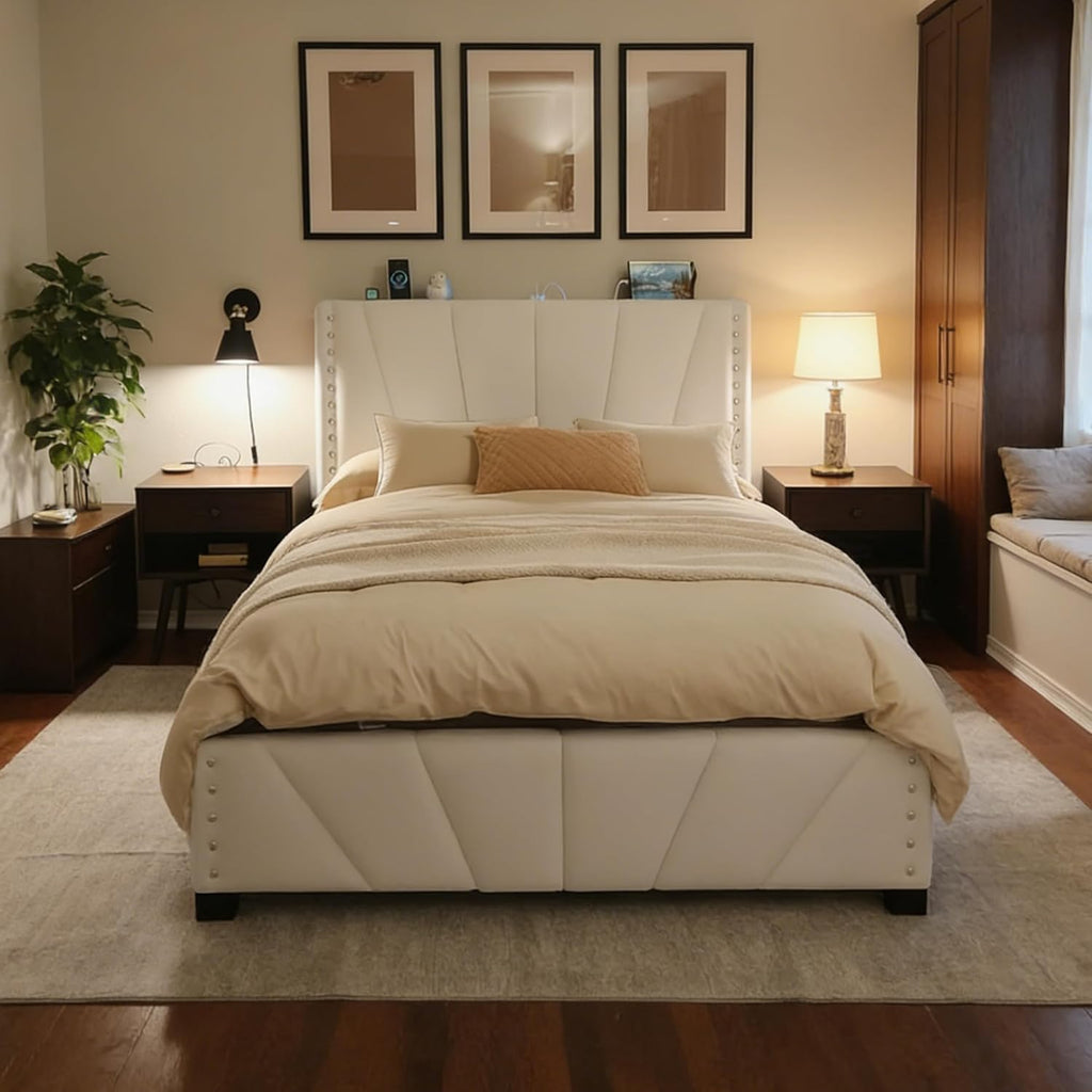EnHomee Full Size Bed Frame with Velvet Upholstered Adjustable Headboard, LED Lights, and Charging Station for Bedroom, Apartment, and Dorm, No Box Spring Needed, Noise-Free, Easy Assembly, Beige