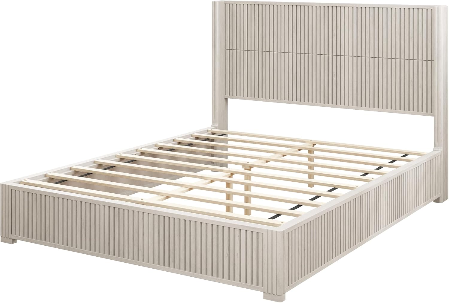 Ball & Cast Fluted Queen Bed Frame with Wingback Headboard,Solid Wood Platform Bed Frame Queen Size with Wood Slats, No Box Spring Needed, Easy Assembly,Beige