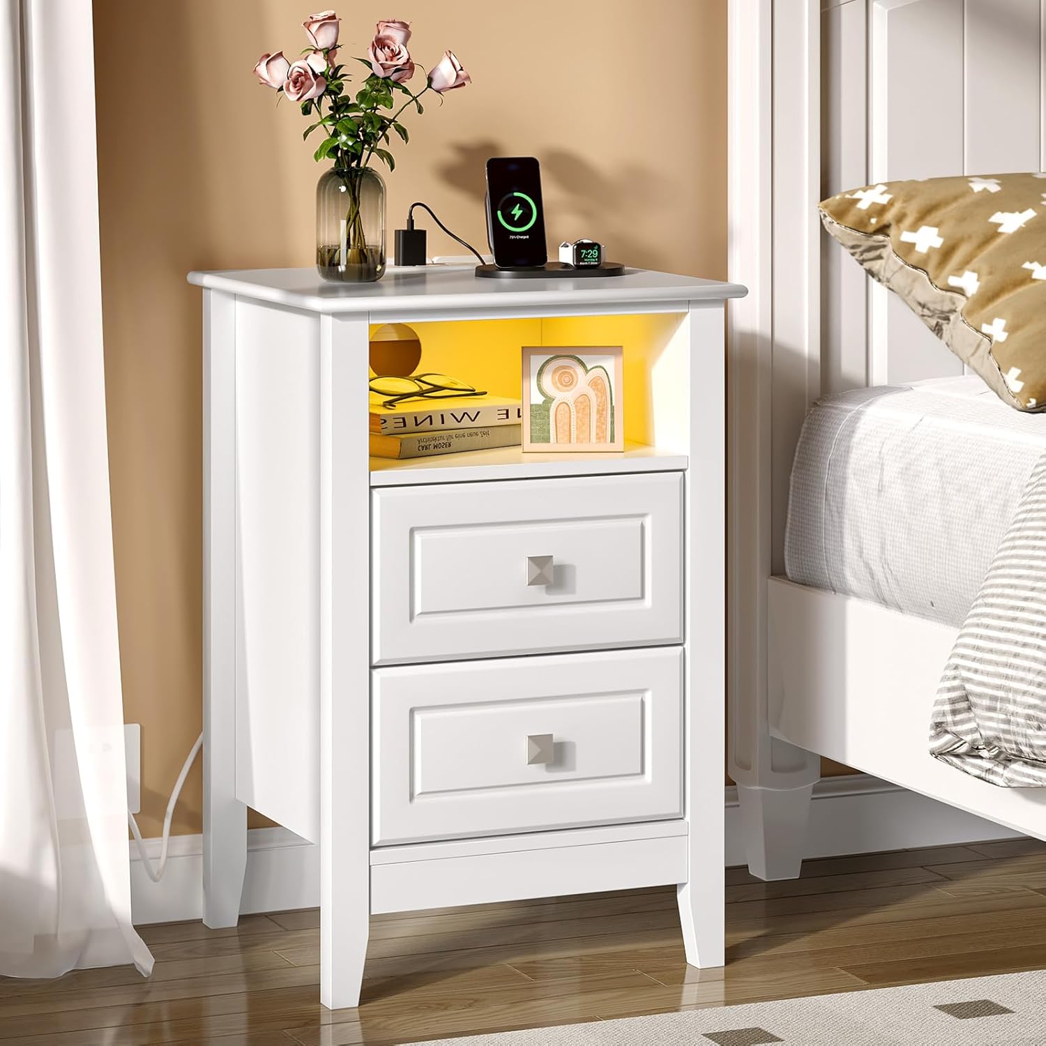 Bonnlo White Nightstand Set of 2 with Charging Station & Led Lights Night Stands White Bedside Table, Wooden Nightstands with Drawers, Modern Nightstand for Bedroom, 15.75' W*13.78' D*23.62' H
