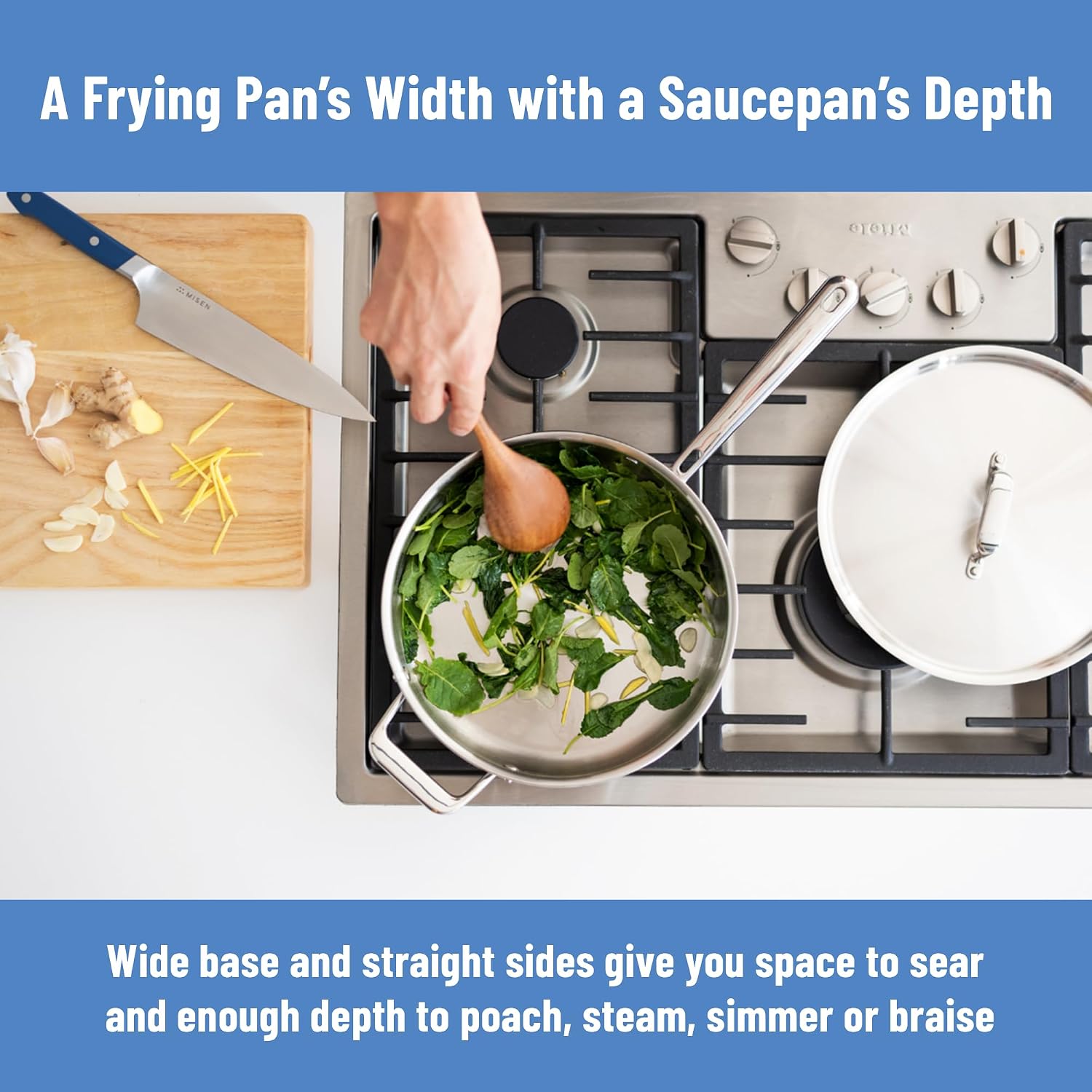 Misen 5-Ply Stainless Steel Sauté Pan with Lid - Versatile, Durable, Dishwasher and Oven Safe - Even Heating, Ergonoic Stay-Cool Handle - For Searing, Braising, and More - 3 QT