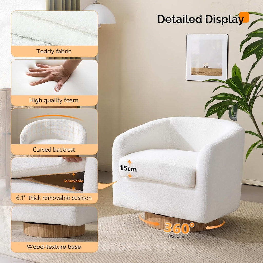 VINGLI 360°Swivel Accent Chairs Set of 2 with Engineered Wood Base and Removable Cushion for Living Room, Bedroom, Curved Back Barrel Chairs for Small Space, Upholstered Bucket Armchairs, Teddy White