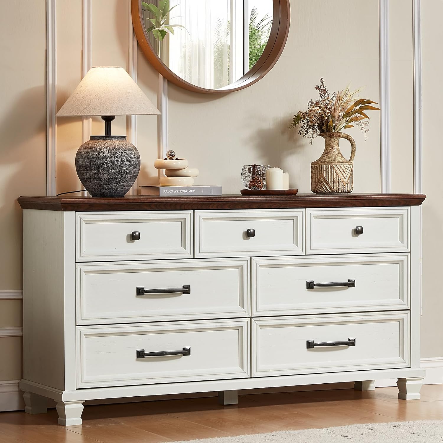 SAVOR LIFE Farmhouse Dresser and Nightstand Sets 3 Piece, 7 Drawer Dresser & 2 Drawer Nightstand Set, Rustic Wood Bedroom Furniture Set for Home, White