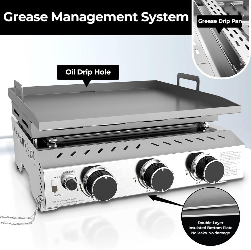 R.W.FLAME 3 Burner Tabletop Propane Griddle, 25' Stainless Steel, 24,000 BTU, Flat Top Grill for Outdoor BBQ, Camping & Patio