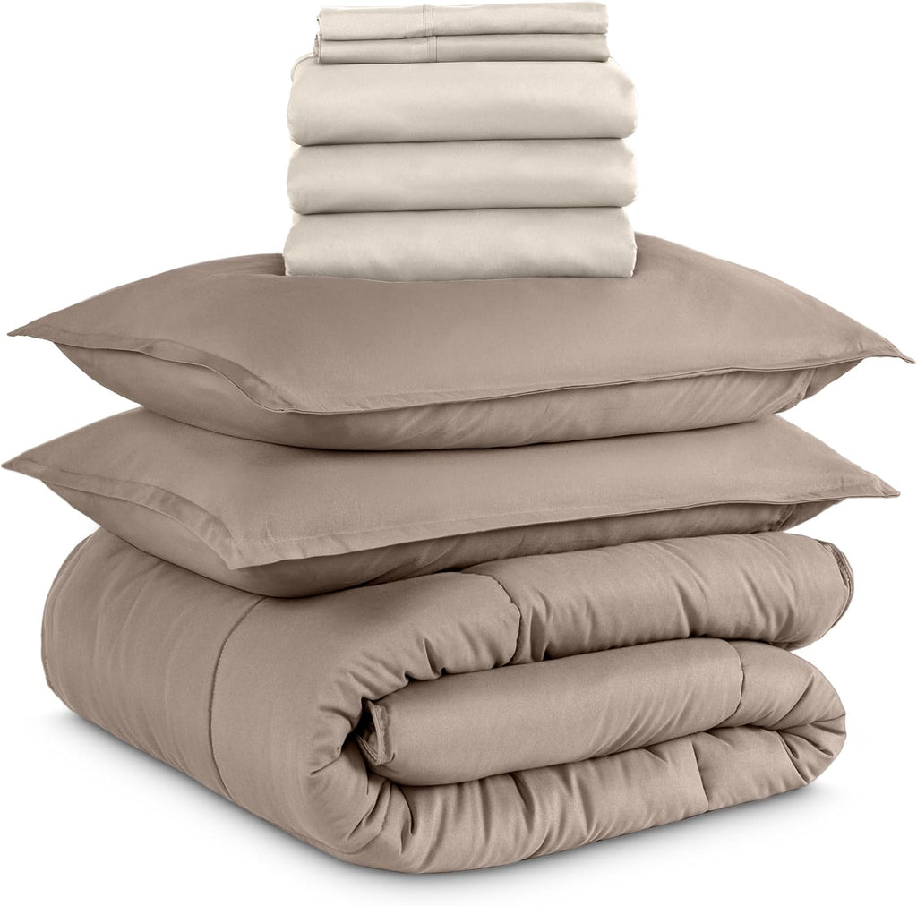Bare Home Bed-in-A-Bag 8 Piece Comforter & Sheet Set - Split King - Goose Down Alternative - Ultra-Soft 1800 Premium Bed Set (Split King, Taupe/Sand)