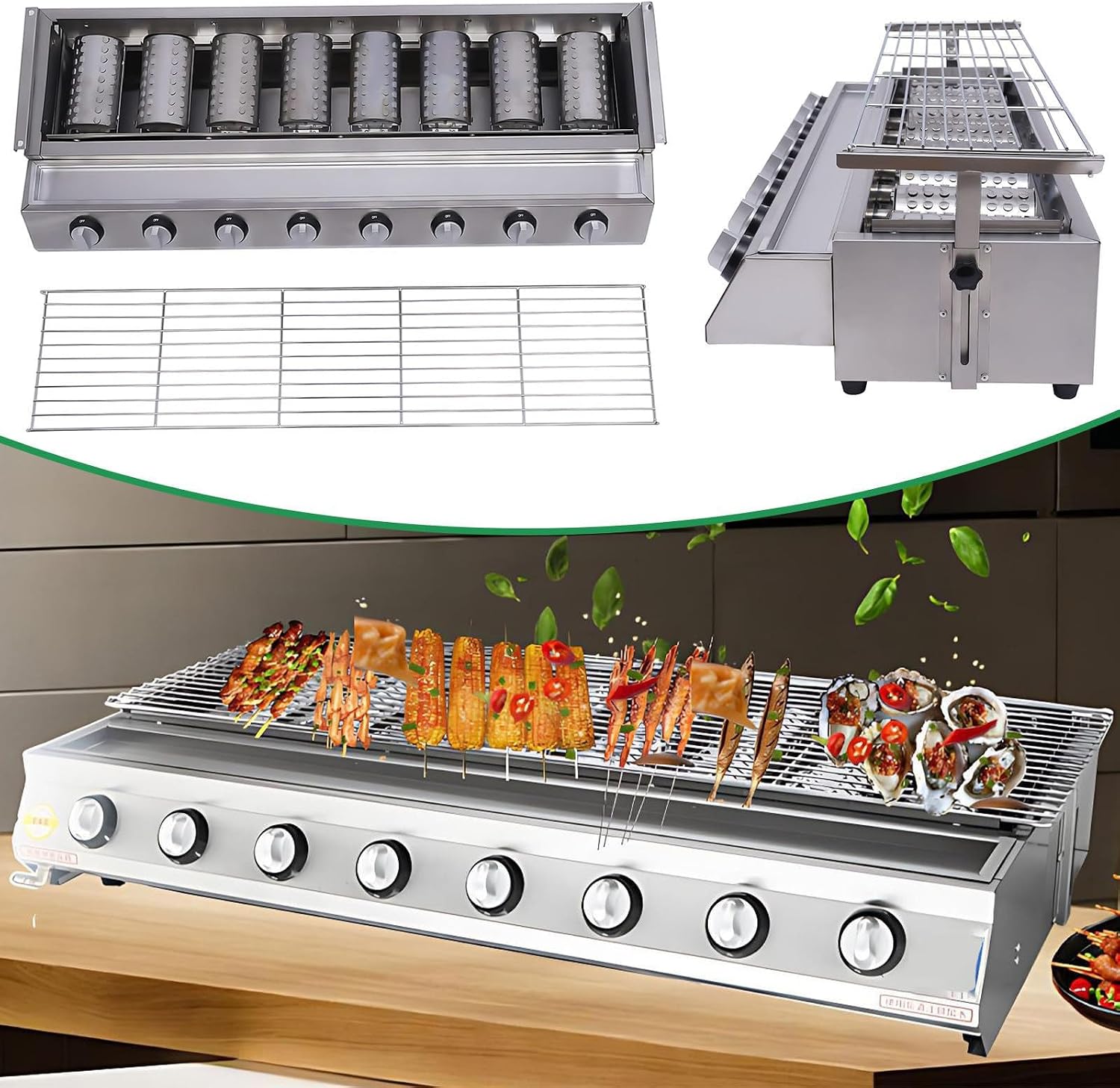 40'' Tabletop Grill Commercial LPG Gas BBQ Grill w/ 8 Burners Portable Gas Barbecues Griddle, for Parties, Backyard barbeques, Camping or Picnicking