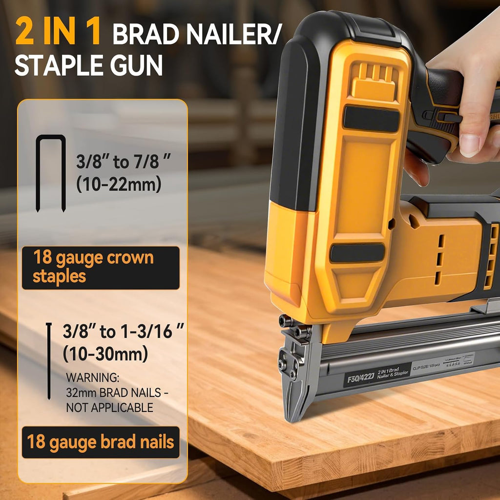 Cordless Brad Nailer for Dewalt 20V Battery (Tool Only), 2-in-1 Electric Nail/Staple Gun, 18 Gauge Brushless with 2000 Nails for Wood Carpentry, 2 Modes (for Dewalt)