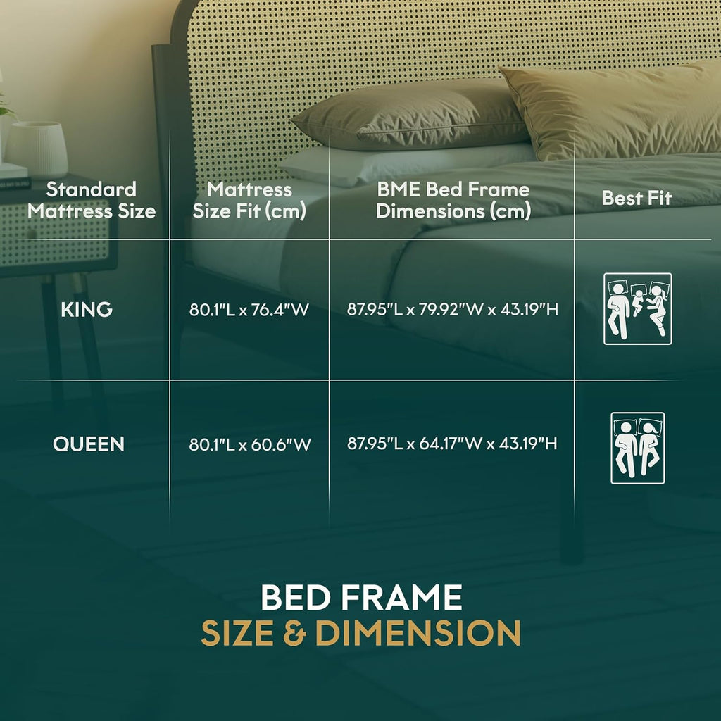 Bme Aurelia Headboard Queen Size Bed Frame, Solid Acacia Wood, Boho & Mid-Century Modern Style, Rattan Headboard, US Patent Pending Design, Slat Support and No Box Spring Needed, Easy Assembly, Black