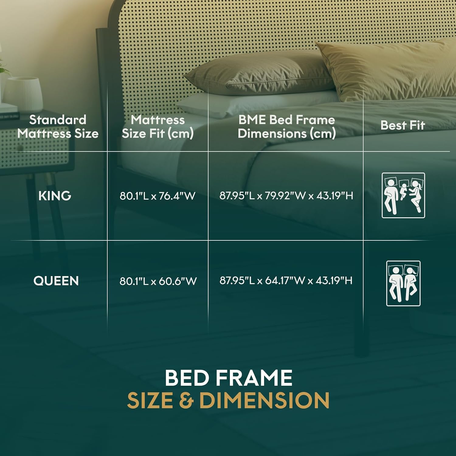 Bme Aurelia Headboard Queen Size Bed Frame, Solid Acacia Wood, Boho & Mid-Century Modern Style, Rattan Headboard, US Patent Pending Design, Slat Support and No Box Spring Needed, Easy Assembly, Black