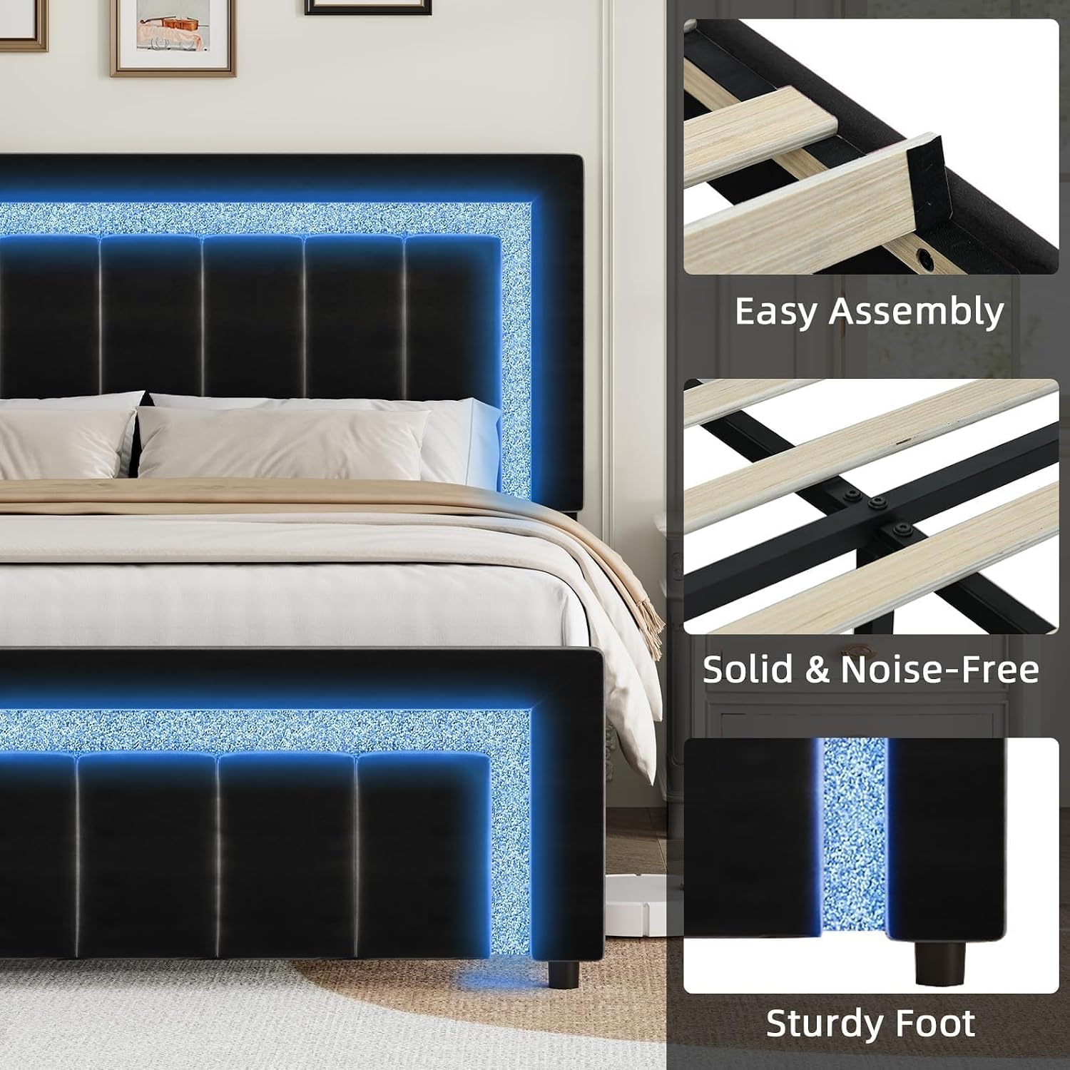 HOMBCK Twin Bed Frame with LED Lights and Velvet Upholstered Adjustable Headboard, Twin Size Bed Frames with Diamond Headboard & Footboard, Wood Slats Support, Noise Free, No Box Spring Needed, Black