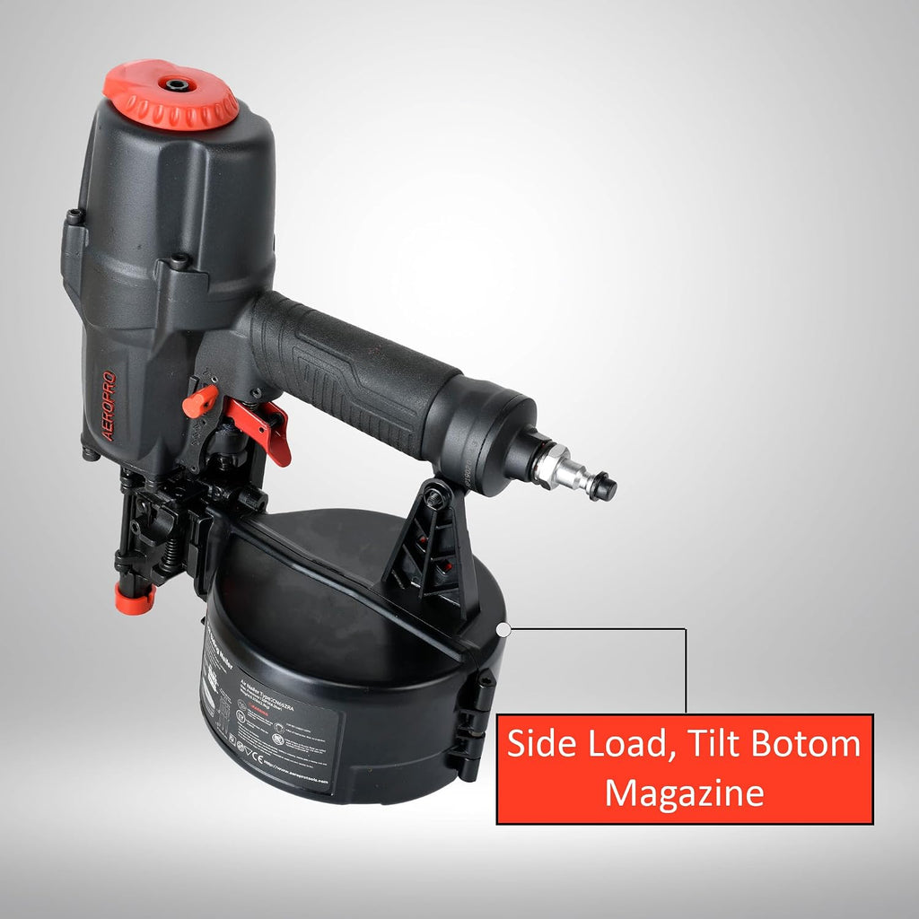 AeroPro CN65Z 0 Degree 1-1/2″ to 2-1/2″ Pneumatic Coil Siding Nailer with Tool-less Depth Adjustment and Side Load, Tilt Bottom Magazine