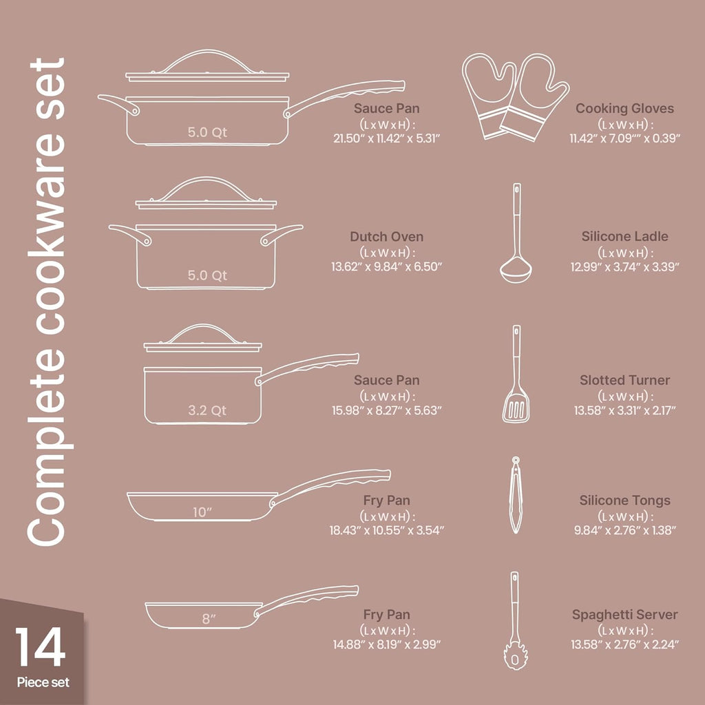 Crystal Kung Minkoff Ceramic Cookware Set – 14-Piece Pots and Pans Set with Lids, Silicone Utensils & Oven Mitts, Nonstick and Non-Toxic, PTFE/PFAS Free, Dishwasher & Stovetop Safe Up to 500°F