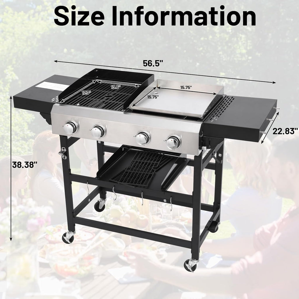 2 in 1 Propane Griddle Grill Combo 38200 BTU, 4-Burner Propane Gas BBQ Grill with 2 Foldable Side Table for Outdoor Cooking Camping Patio Backyard (propane+griddle)