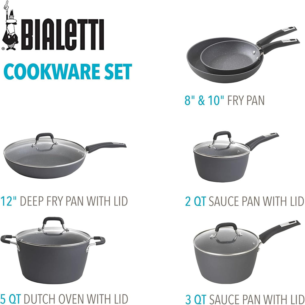 Bialetti Impact 10-Piece Textured Aluminum Cookware Set with Pots, Pans, and Dutch Oven, Nonstick Pots and Pans Set for Kitchen, Gray