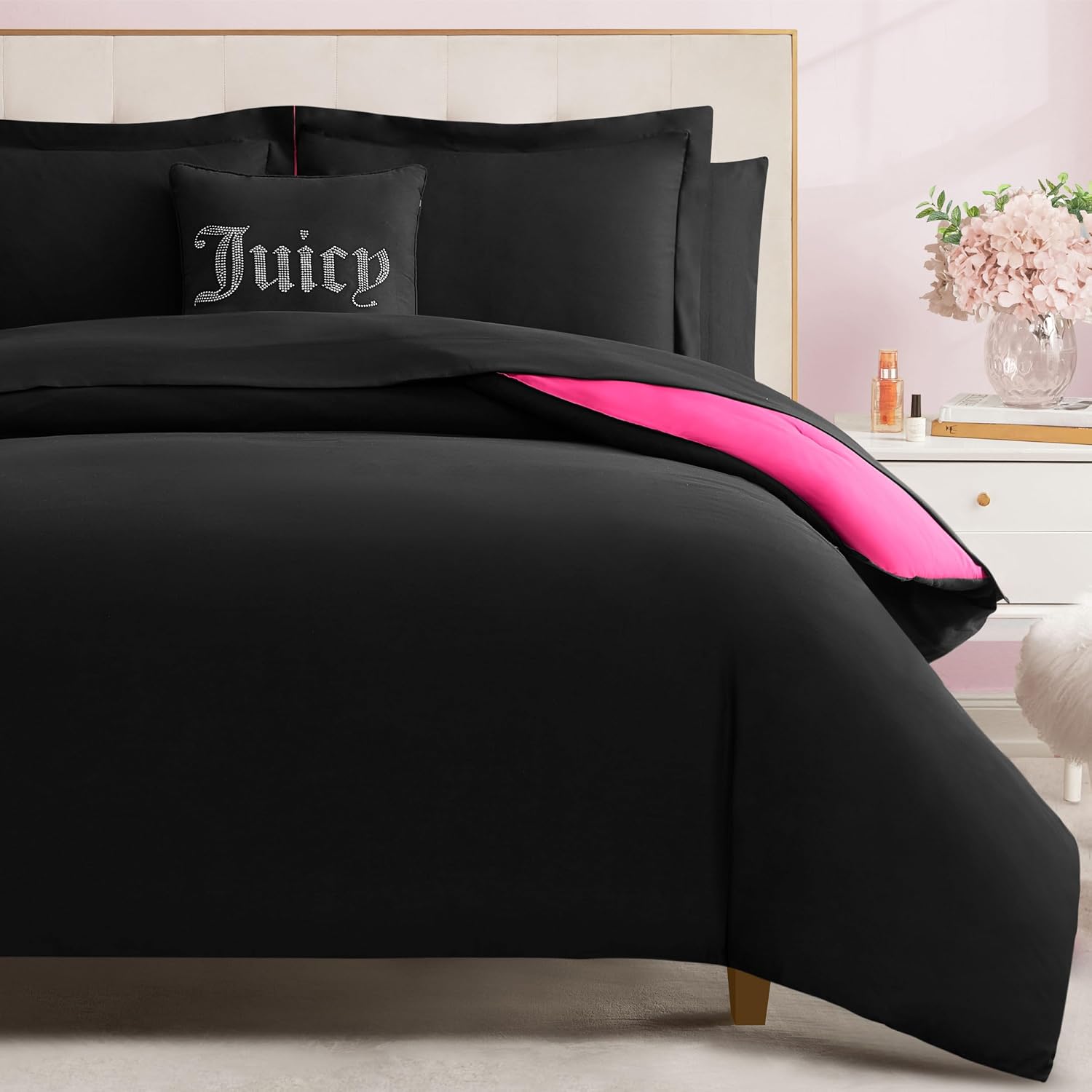 Juicy Couture Alexis Reversible Comforter Set, Twin Bed in a Bag – Black/Hot Pink, 6-Piece Bedding Collection