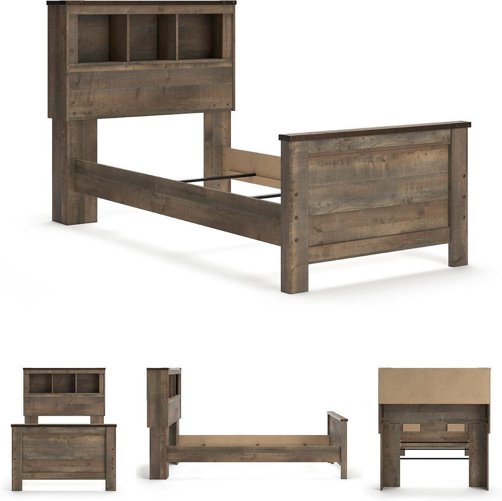Signature Design by Ashley Trinell Casual Twin Bookcase Panel Bed with Metal Slats and Nailheads, Foundation or Box Spring Needed, Dark Brown