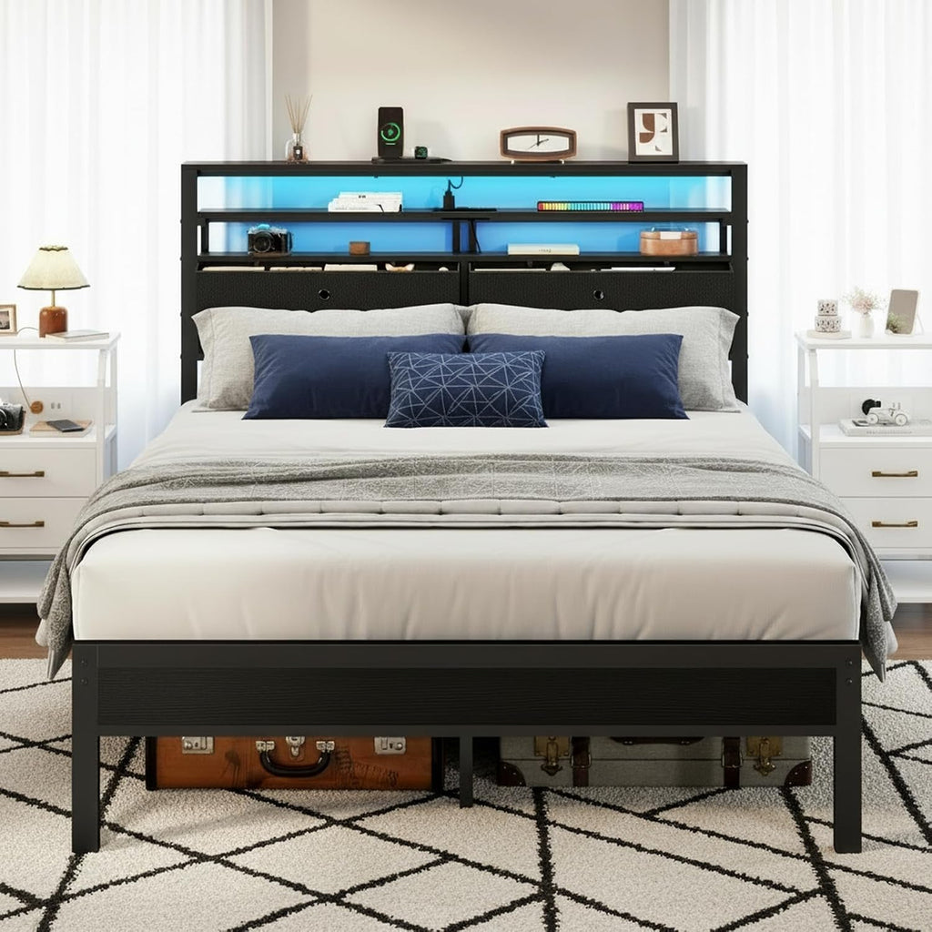 Furnulem Full Size Bed Frame with Headboard, 3-Tier Storage Shelves & 2 Fabric Drawers, Built-in Charging Station & RGB LED Lights, Metal Slat Support, No Box Spring Needed, Easy Assembly, Black Oak