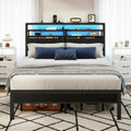 Furnulem Full Size Bed Frame with Headboard, 3-Tier Storage Shelves & 2 Fabric Drawers, Built-in Charging Station & RGB LED Lights, Metal Slat Support, No Box Spring Needed, Easy Assembly, Black Oak