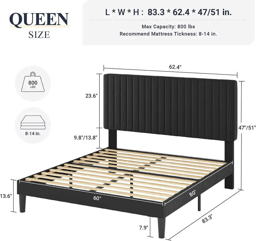 Allewie Queen Bed Frame, Velvet Upholstered Platform Bed with Vertical Channel Tufted Headboard, Mattress Foundation with Strong Wooden Slats, Box Spring Optional, Easy Assembly, Black