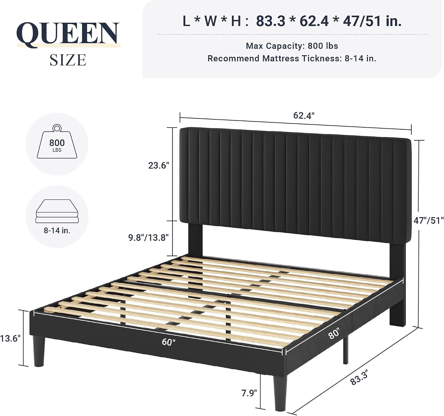 Allewie Queen Bed Frame, Velvet Upholstered Platform Bed with Vertical Channel Tufted Headboard, Mattress Foundation with Strong Wooden Slats, Box Spring Optional, Easy Assembly, Black