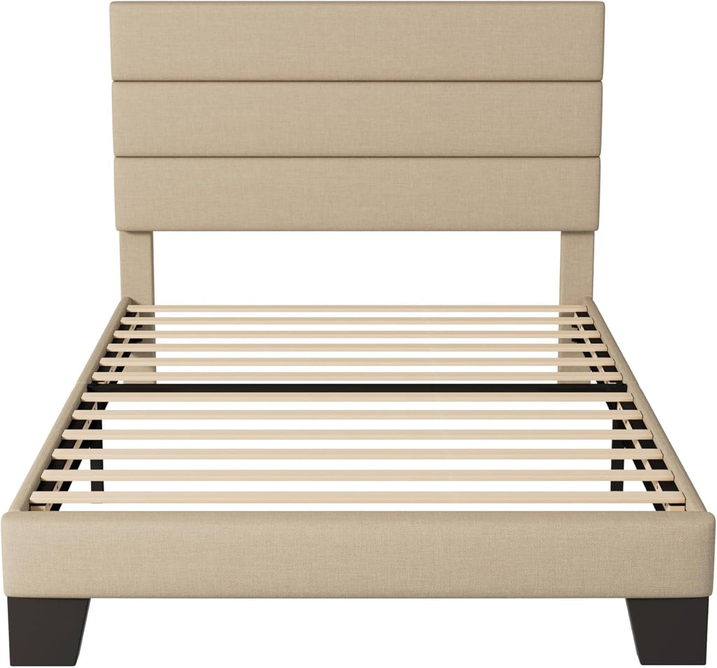 Allewie Twin Size Platform Bed Frame with Fabric Upholstered Headboard and Wooden Slats Support, Fully Upholstered Mattress Foundation/No Box Spring Needed/Easy Assembly, Beige
