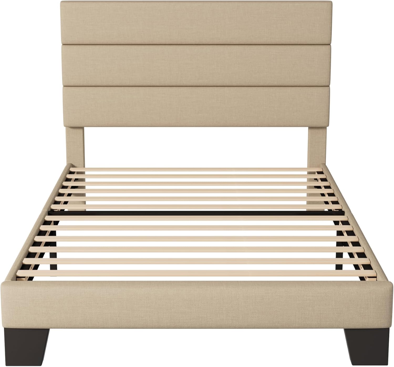 Allewie Twin Size Platform Bed Frame with Fabric Upholstered Headboard and Wooden Slats Support, Fully Upholstered Mattress Foundation/No Box Spring Needed/Easy Assembly, Beige