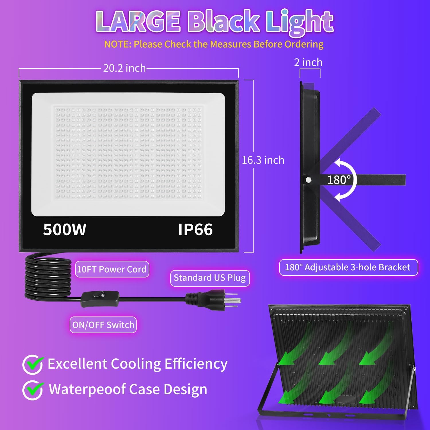 500W LED Black Light IP66 Waterproof, Outdoor Blacklight Flood Light with Plug+Switch, Powerful for Neon Glow in the Dark Party Large Space Gym Club Halloween Stage Lighting Fluorescent Poster, 2 Pack