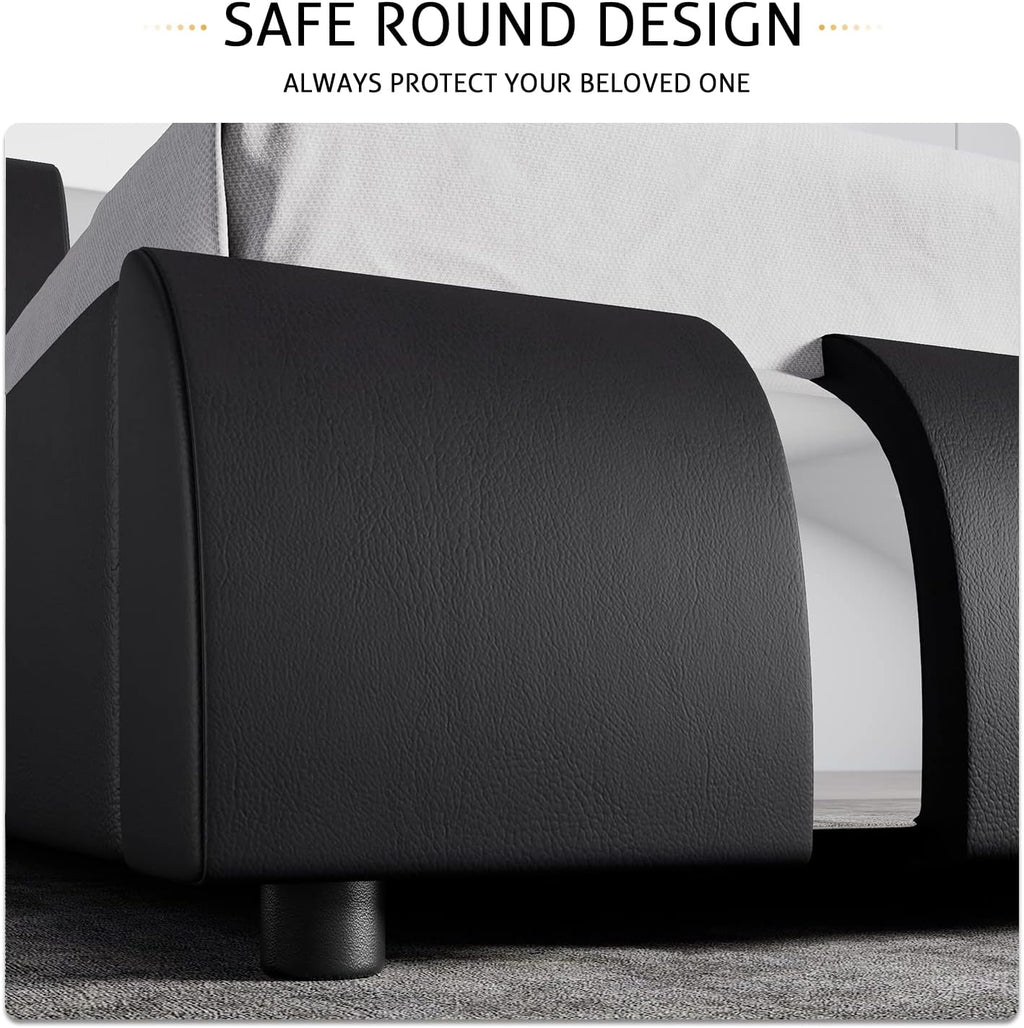 SHA CERLIN Modern Faux Leather Queen Bed Frame with Adjustable Headboard and Iron Accents, Deluxe Upholstered Platform Bed with Solid Wooden Slats Support/No Box Spring Needed, Black
