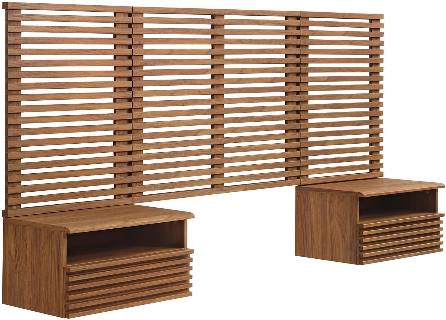 Modway Render Wall-Mount Headboard and Modern Nightstands Bedroom Set, Twin, Walnut
