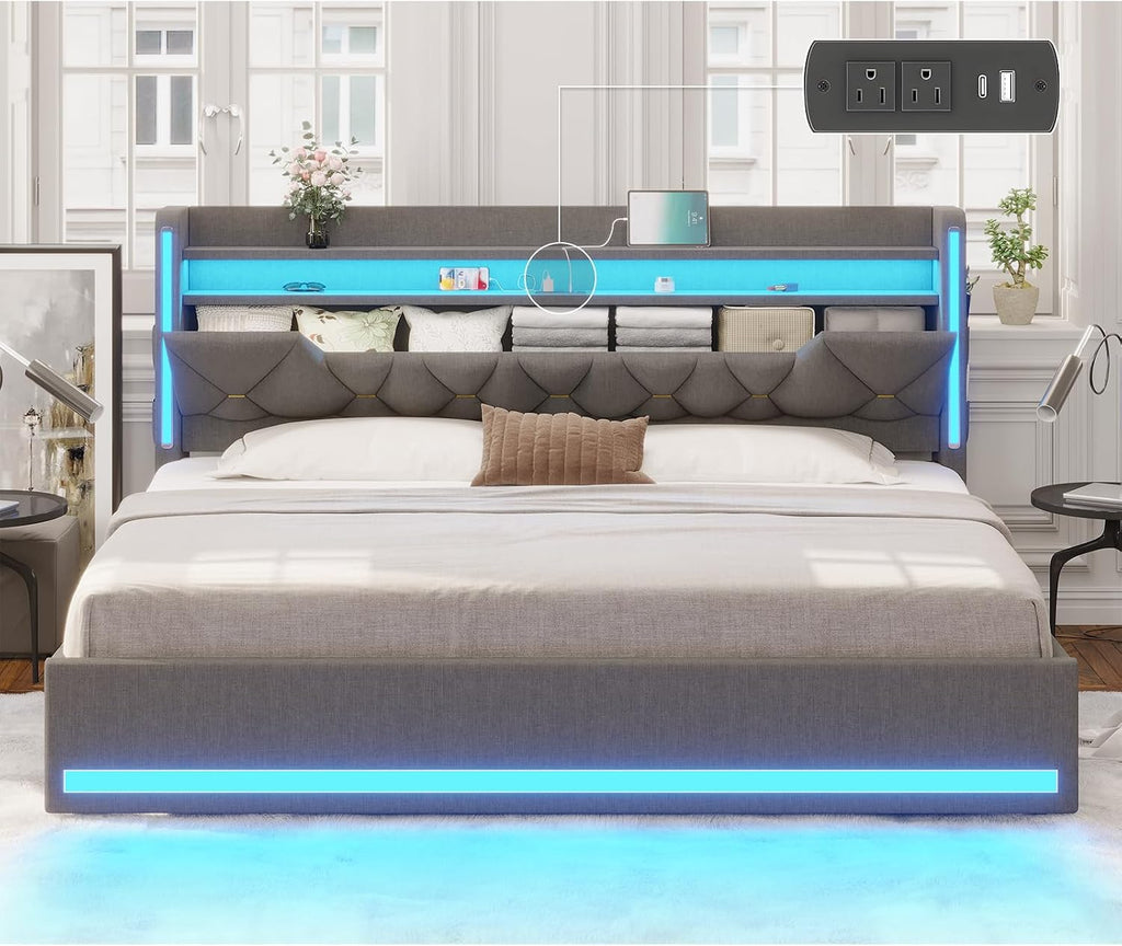 busyaeh King Size Bed Frame with Marshmallow Headboard and Storage, King Bed Frame with LED Lights & Charging Station, Upholstered Platform Bed with Metal Support, No Noise, No Box Spring Needed,Gray