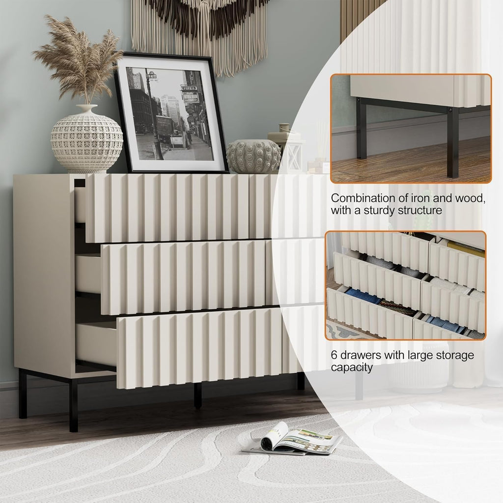 UEV 3 Piece Dresser and Nightstand Sets for Bedroom, 47' Wide 6 Drawer Dresser & Nightstand Set of 2, Mid Century Modern Fluted Wooden Dressers Set, Bedroom Furniture Set (Milkly White)