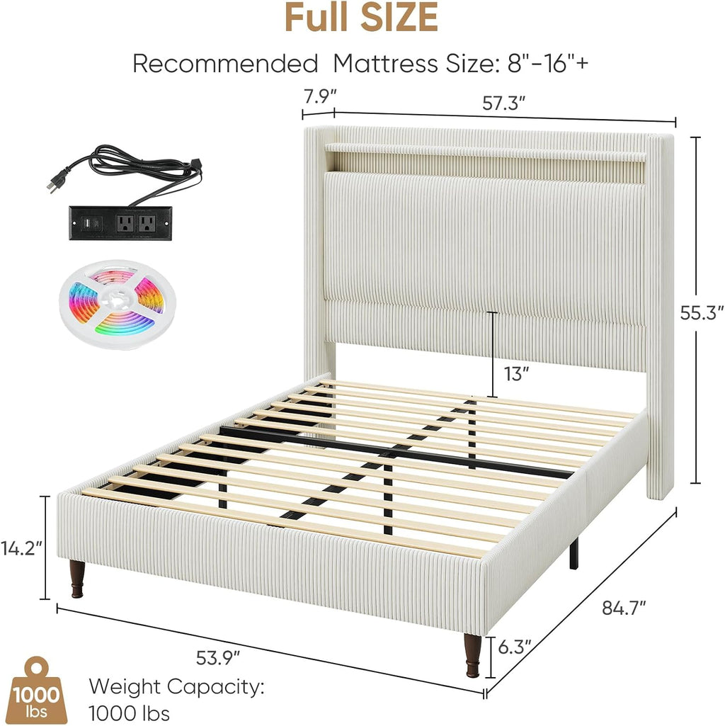 Full Size Bed Frame with Tall Headboard, 55.3' Corduroy Upholstered Platform Bedframe with LED Lights & Charging Station, Cream Full Beds, Wingback Storage Headboard, No Box Spring Needed, Wood Slats