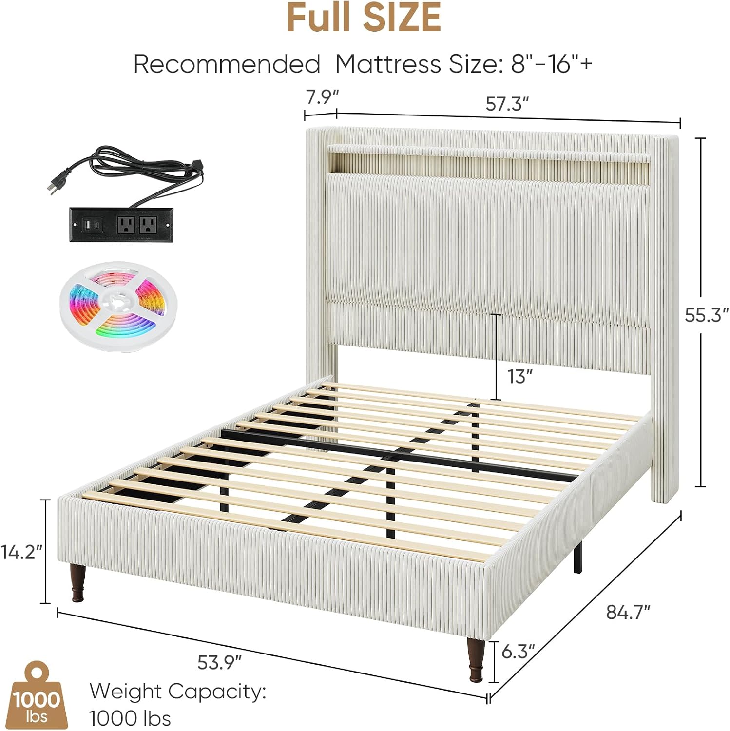 Full Size Bed Frame with Tall Headboard, 55.3' Corduroy Upholstered Platform Bedframe with LED Lights & Charging Station, Cream Full Beds, Wingback Storage Headboard, No Box Spring Needed, Wood Slats
