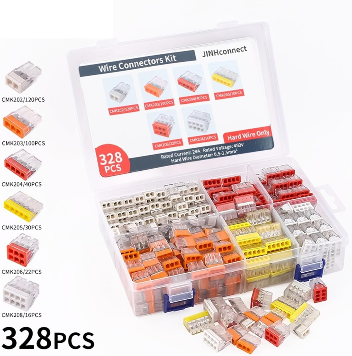 328Pcs Mini Quick Wire Connectors 2/3/4/5/6/8 Ports Nuts Assortment Pack Hard Stainless Easy Electric Push-in