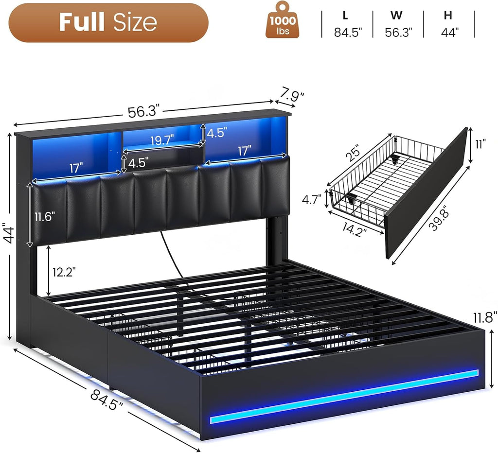 AOGLLATI Full Bed Frame with Stylish Bookcase Headboard & Charging Station & LED Lights,Full Size Bed Frame with 4 Storage Drawers and Metal Slats, No Box Spring Needed,Black