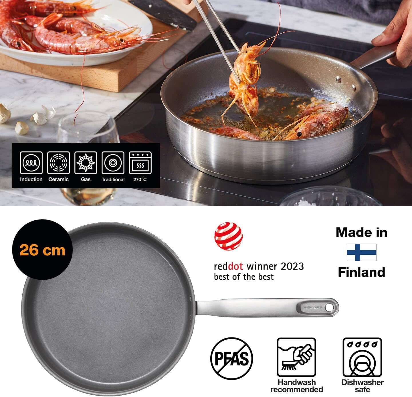 Fiskars sauté pan with lid, Ø 26 cm / 3.2 L, Coated pan, Suitable for All hobs, Recycled Stainless Steel, All Steel, Silver, 1064746