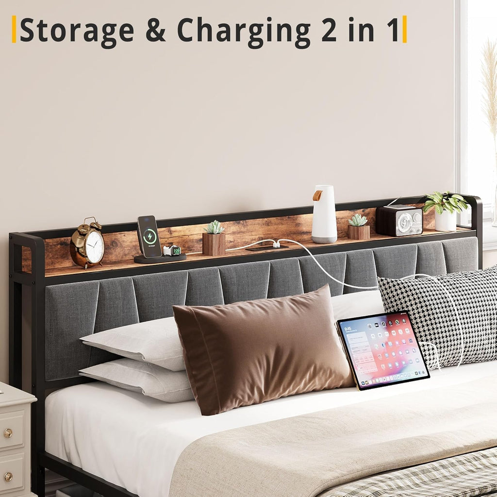 LIKIMIO King Size Bed Frame, Storage Headboard with Charging Station, Platform Bed with Drawers, No Box Spring Needed, Easy Assembly, Industrial Brown and Gray