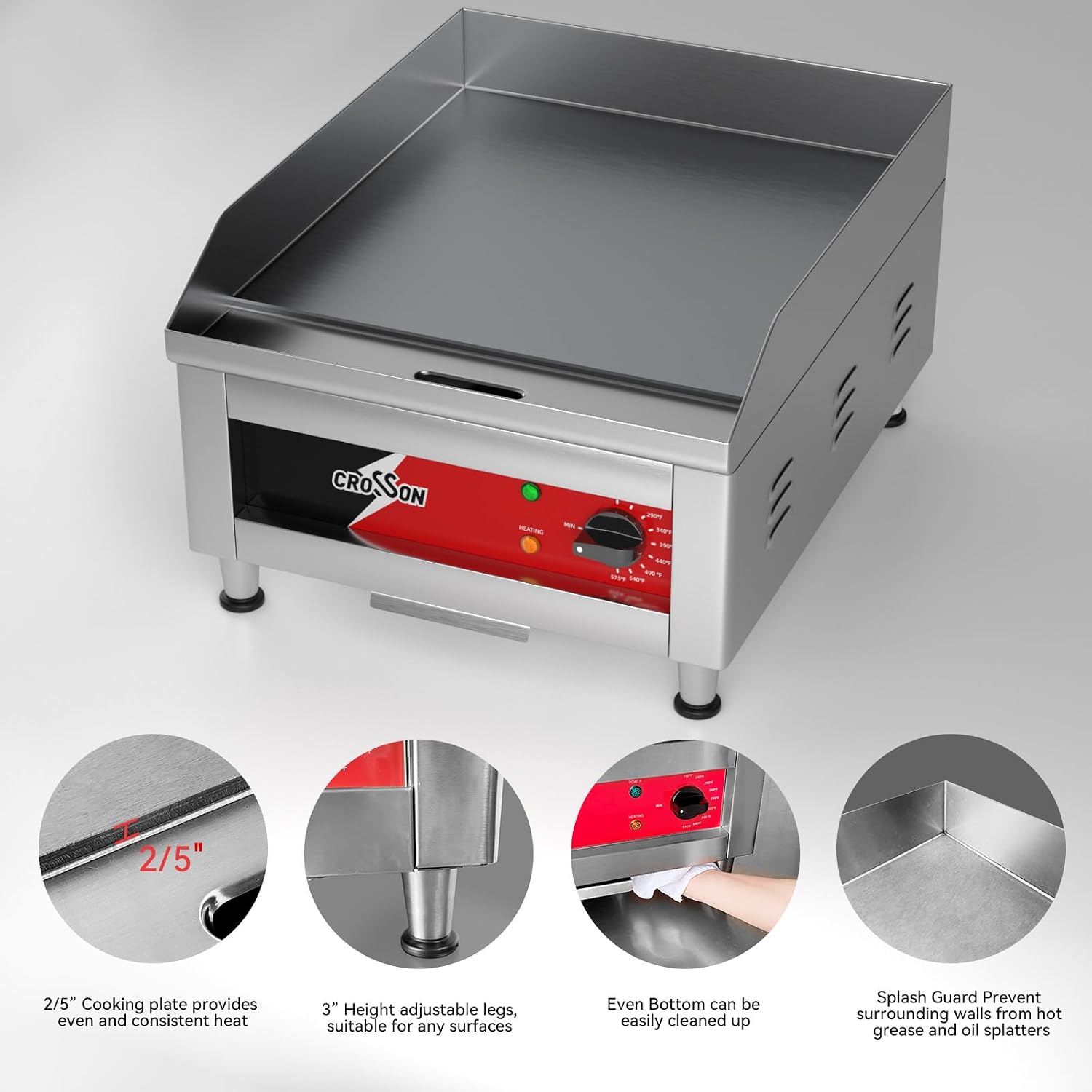 CROSSON ETL Listed 16'*16' Commercial Electric Countertop Griddle,Flat Top Griddles with Non-Stick 2/5' Thick Iron Cooking Plate for Restaurant and home use-120V/1750W,Spatula Included