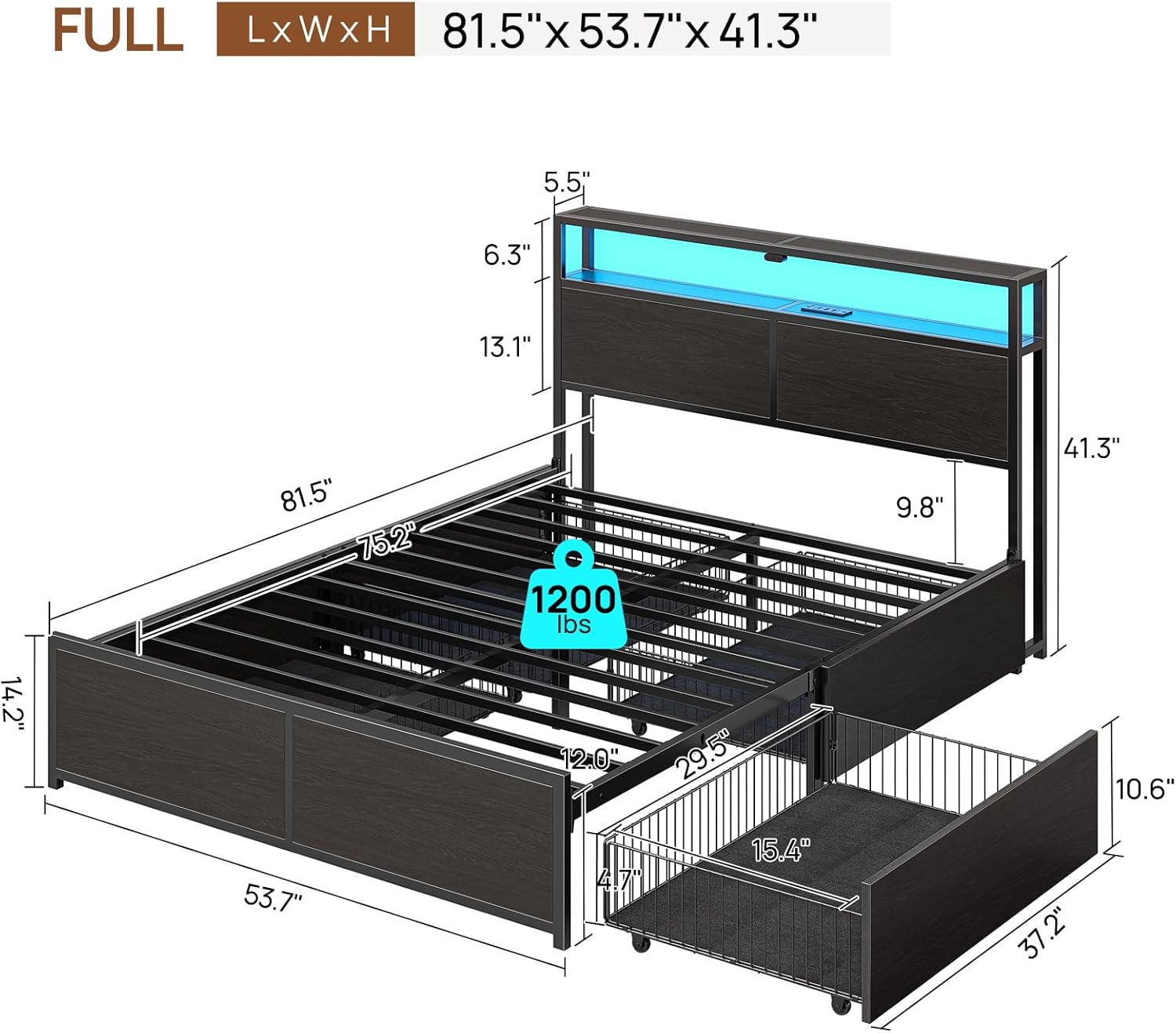 Rolanstar Full Size Bed Frame with 4 Storage Drawers, Charging Station and LED Lights, Metal Platform Bed with 2-Tier Storage Headboard, No Box Spring Needed, Easy Assembly, Noise-Free, Black