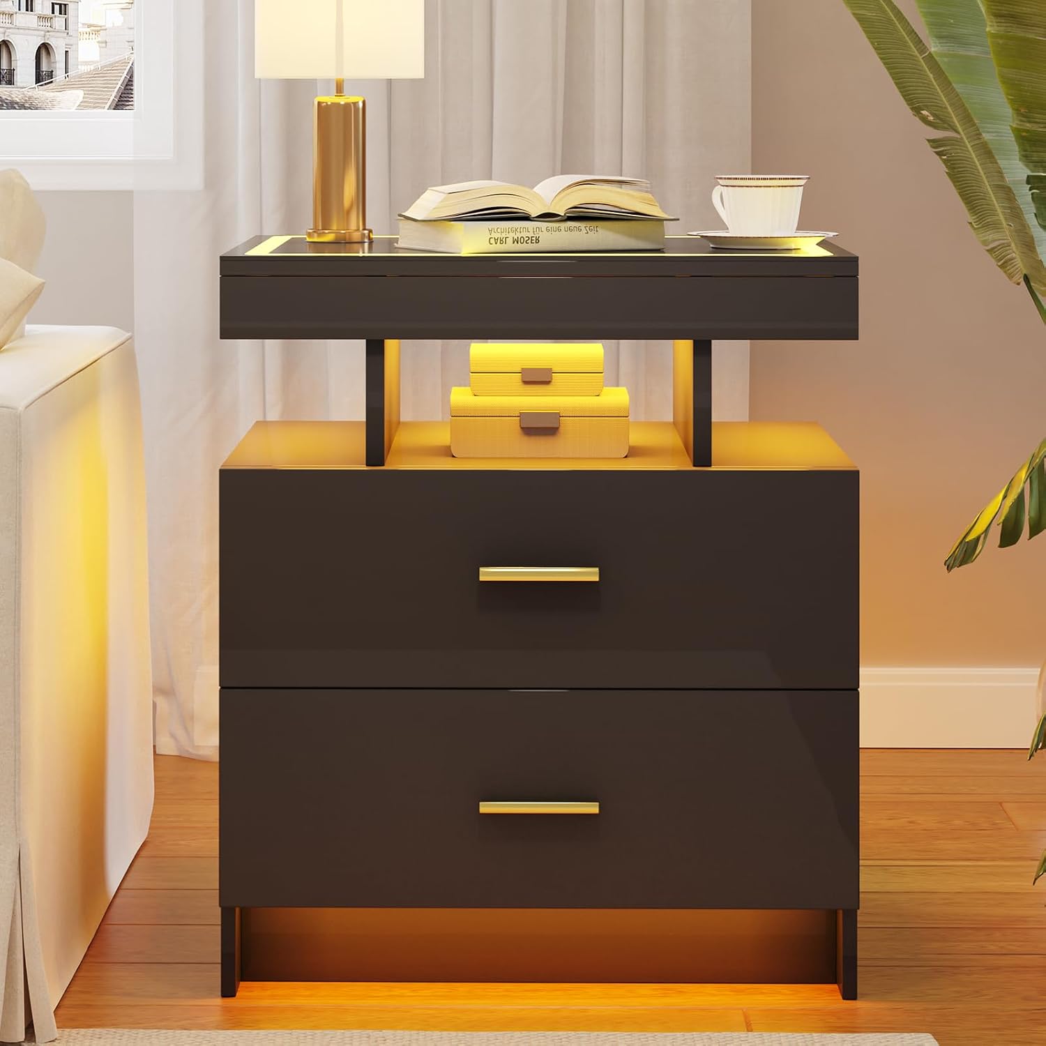 Smart LED Nightstand Set of 2 - with - Modern Night Stand with Wireless Charging Station, Glass Top Bedside Table with Drawers for Bedroom, Glossy End Table with Human Body Induction (Black)