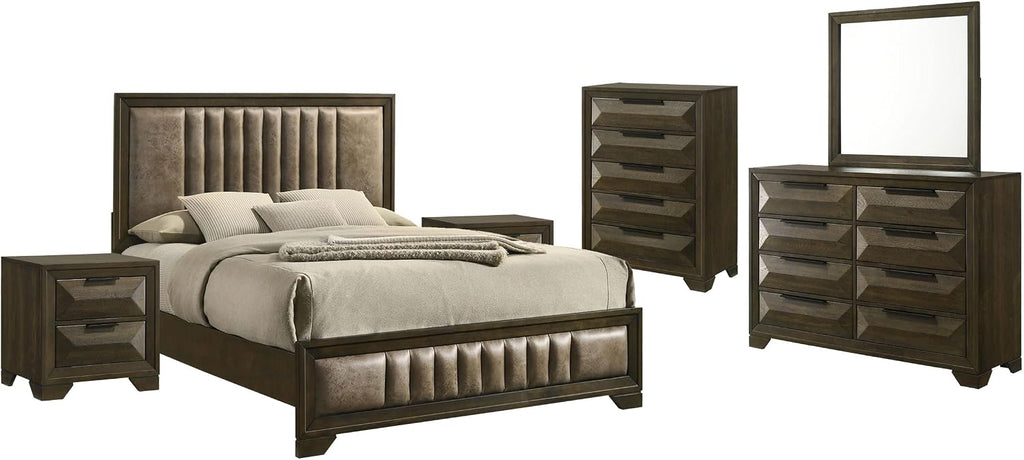 Kings Brand Furniture 6-Piece Modern & Premium Bedroom Set in Walnut Wood Finish - Bed Frame with Upholstered Headboard, Dresser, Mirror, Chest and 2 Nightstands (King Size)