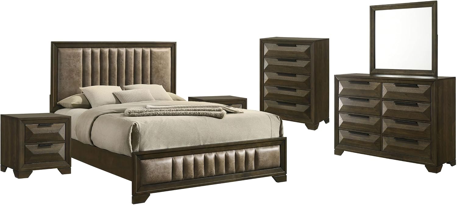 Kings Brand Furniture 6-Piece Modern & Premium Bedroom Set in Walnut Wood Finish - Bed Frame with Upholstered Headboard, Dresser, Mirror, Chest and 2 Nightstands (King Size)