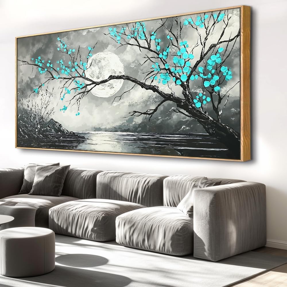 Abstract Moon Landscape Wall Art - Large Framed Canvas Painting for Living Room, Bedroom, Modern Artwork Decor - 60x30 Inch Ready-to-Hang