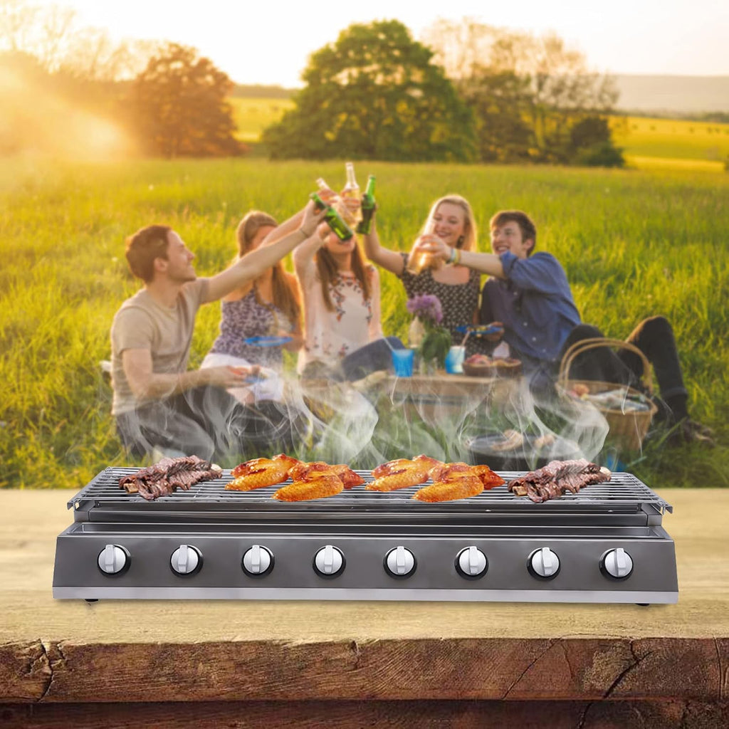 8 Burners Portable Gas Grill Tabletop Smokeless Stainless Steel Gas BBQ Grill with Griddle Independent Ignition,Propane LPG Grill for Outdoor Camping Picnic Kitchen (40.94 * 15.7 * 7.9in- 8 Burners)